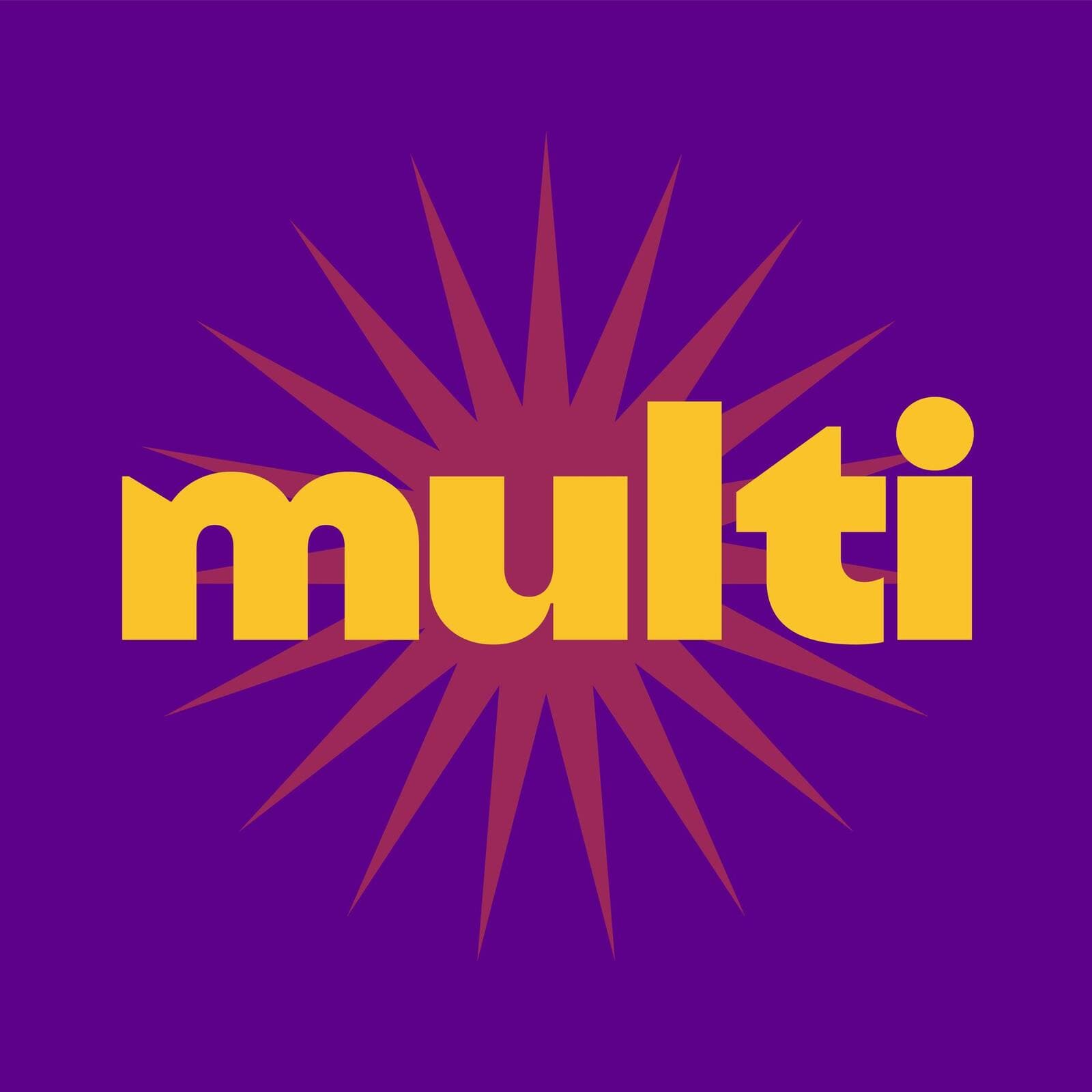 Logo da Multi BR: a palavra multi em amarelo sobre um sol rosa, em fundo roxo