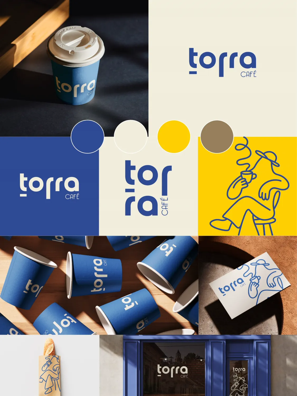 Placa da marca Torra Café: logotipo horizontal e vertical, paleta de cores, copos, cartão, embalagem de pão e fachada azul.