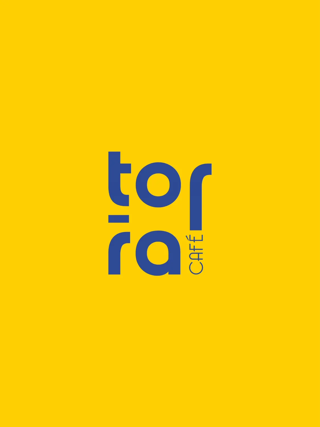 Logotipo vertical da Torra Café em azul sobre fundo amarelo.