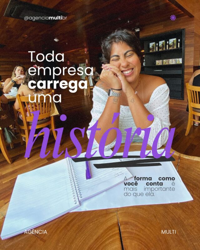 Não adianta só ter uma boa história 📖
Se ela não for bem contada, vira só mais um ruído na timeline 💡

Por isso, quando falamos de marketing, a pergunta não é só “o que você quer dizer?”,
mas “como isso vai ser entendido, lembrado e sentido?”.

Pra isso, é preciso mais do que postar: é ter uma identidade clara, um discurso alinhado com o seu posicionamento, e uma estratégia que faça sentido pro seu negócio.

A história da sua marca já existe.
A diferença está na forma como ela é contada.

Quer transformar essa história em uma conexão real?
A gente te ajuda nisso 💜
